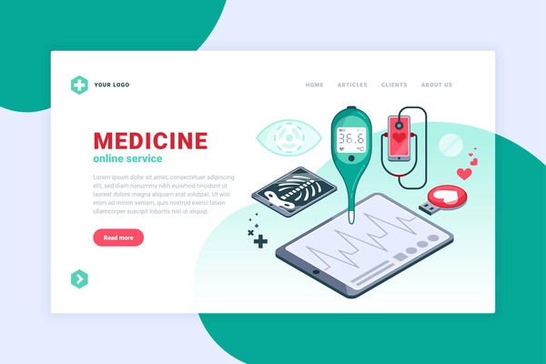 Digital medicine concept banner or landing page with online service description links and button vector illustration