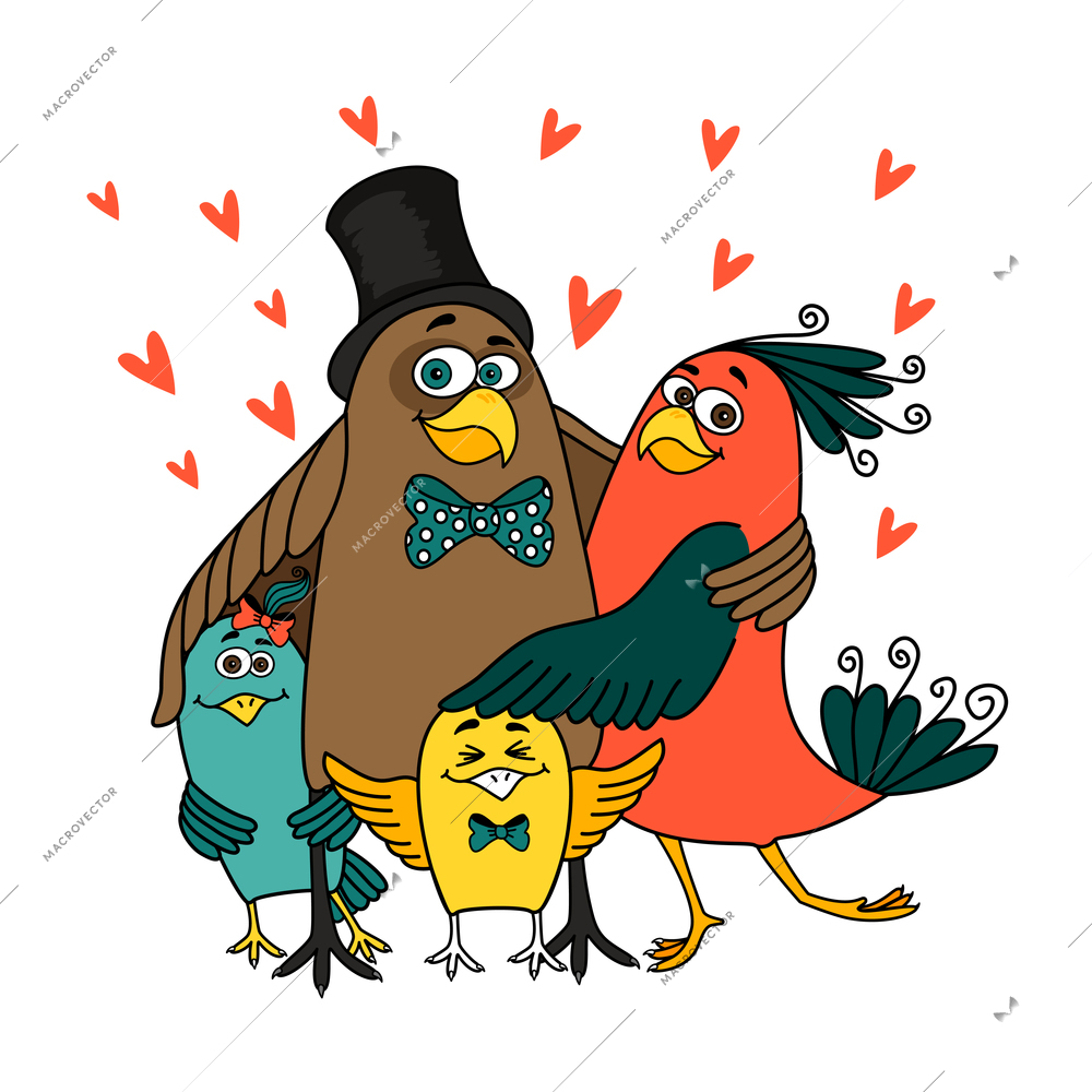 Happy birds family with parents and two kids cartoon vector illustration