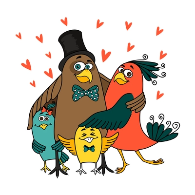 Happy birds family with parents and two kids cartoon vector illustration