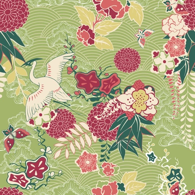 Oriental silk pattern with crane and flowers vector illustration