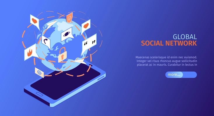 Isometric social media horizontal banner with global social network headline and more button vector illustration