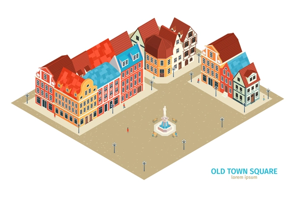 Isometric old town composition with old town square headline and old style houses vector illustration