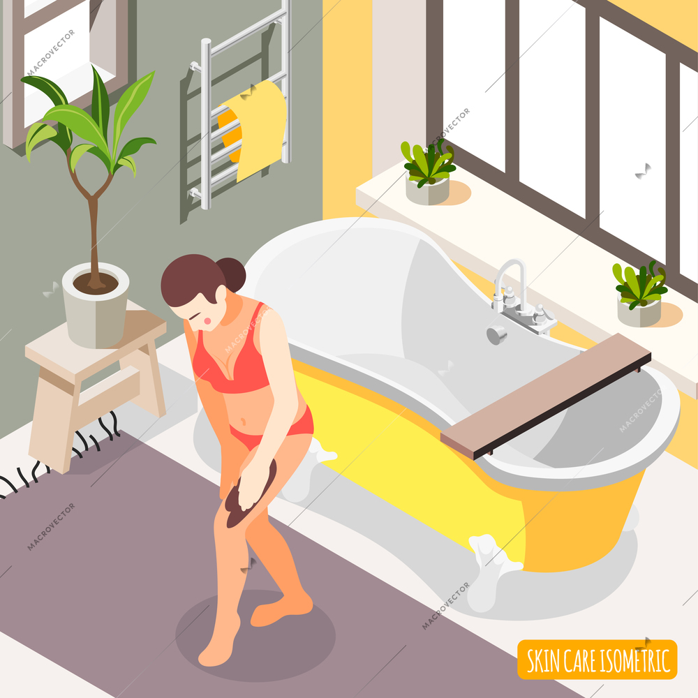 Body scrub exfoliation treatment after bath for smooth soft silky skin isometric bathroom background composition vector illustration
