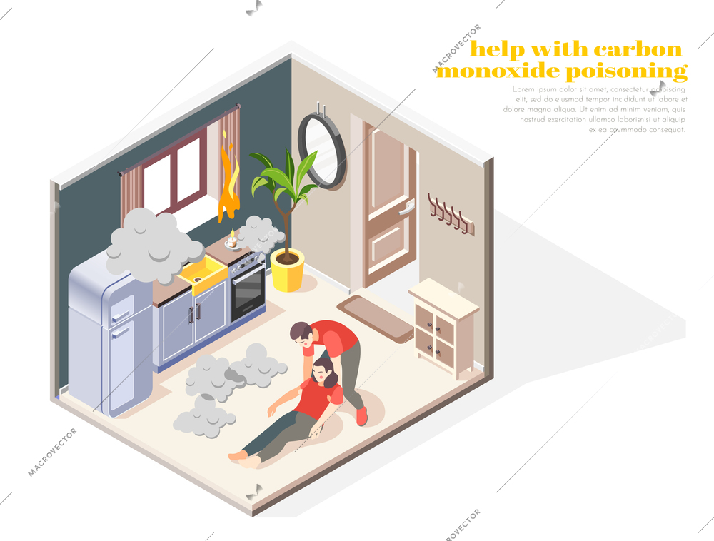 First aid for carbon monoxide poisoning isometric composition with husband treating fainted wife in kitchen vector illustration