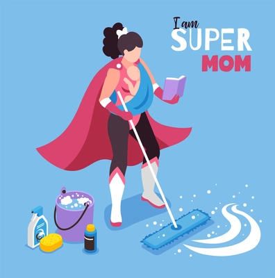 Isometric super mom composition with character of woman in superhero costume with cleaning equipment and text vector illustration