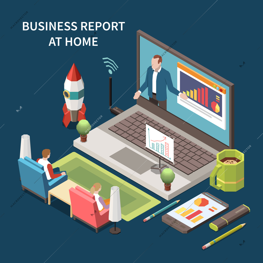 Online business report concept with digital technology symbols isometric vector illustration