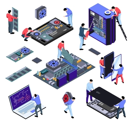 People from computer repair service and broken devices 3d isometric icons set on white background isolated vector illustration