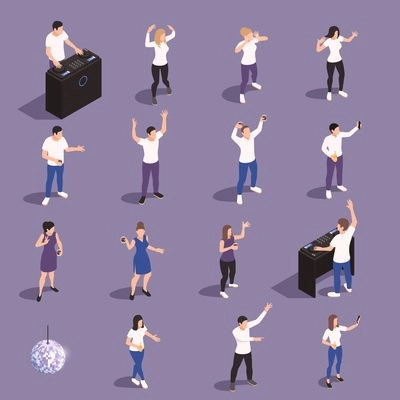 Party celebration isometric icon set with isolated human characters of dancing people deejays and disco ball vector illustration