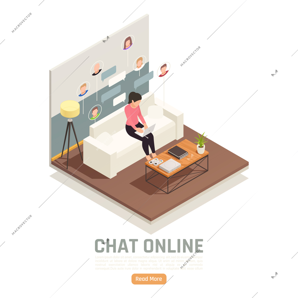Online virtual team building isometric background with domestic scenery and woman working remotely with employee pictograms vector illustration