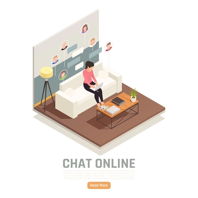 Online virtual team building isometric background with domestic scenery and woman working remotely with employee pictograms vector illustration