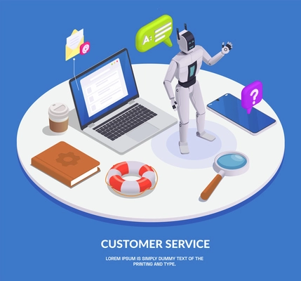 Colored isometric customer service composition with service elements and call center tools vector illustration