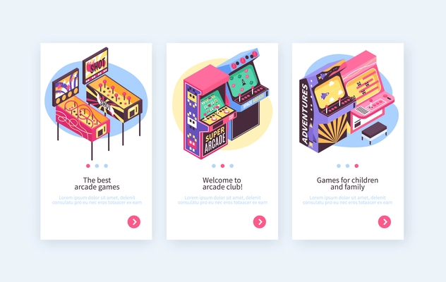 Retro pinball video redemption arcade game machines children adult entertainment 3 isometric vertical banners set vector illustration