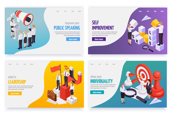 Soft skills concept 4 isometric web banners set with public speaking leadership individuality self improvement vector illustration