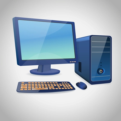 Computer and peripheral accessories blue set of monitor case keyboard and mouse isolated vector illustration