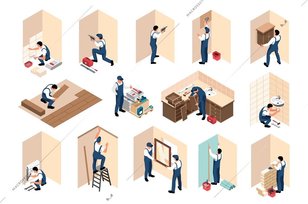 Apartment repair renovation remodeling isometric set with tiling bathroom walls flooring window installation hanging wallpaper vector illustration