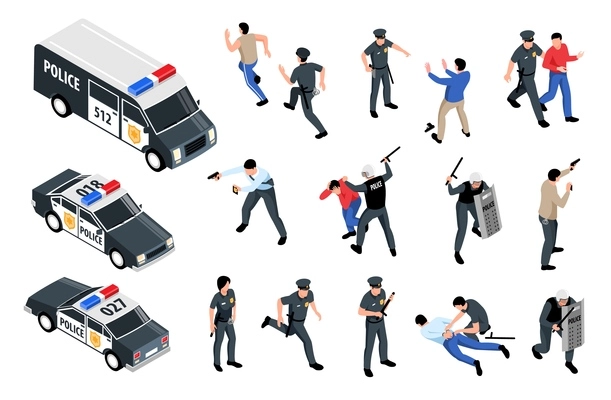 Police officers car van mobile custody unit crime prevention shooting criminals arrest isometric set isolated vector illustration