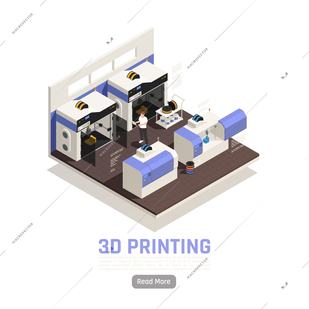 Engineer monitoring printing of big 3d models isometric vector illustration