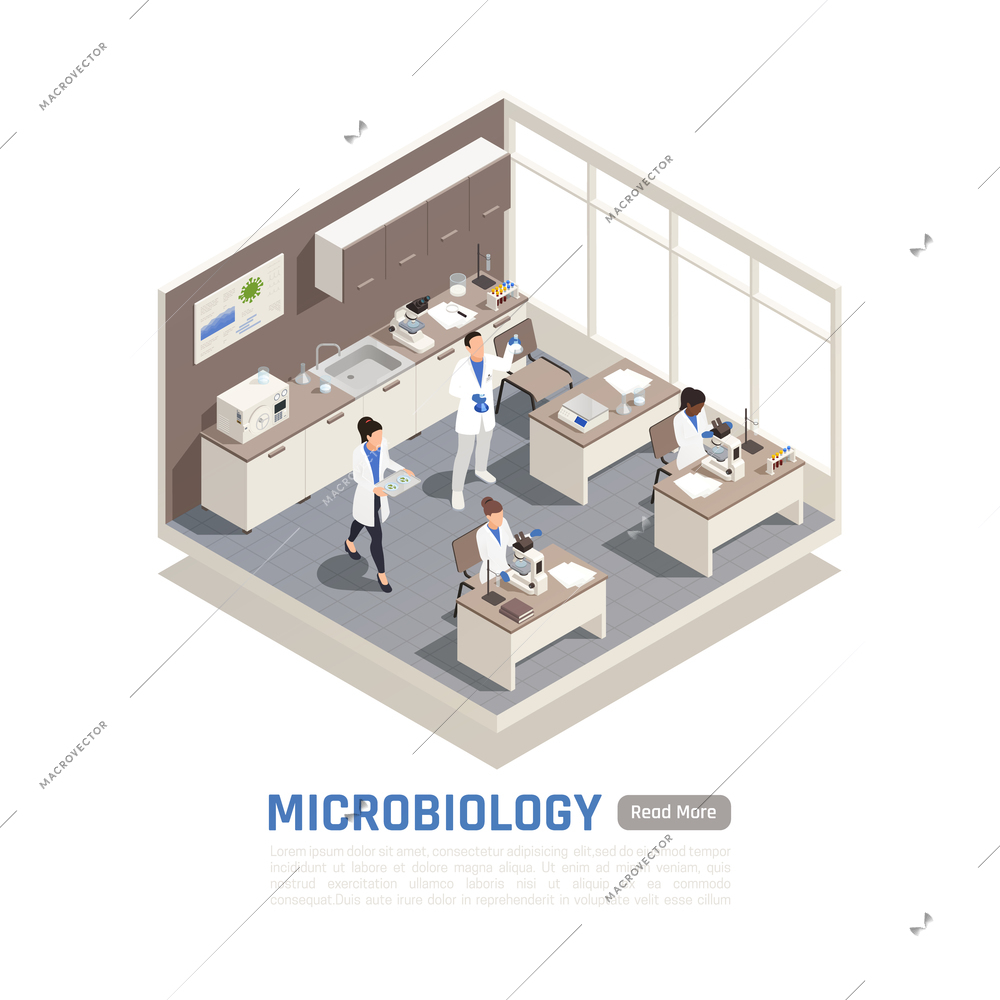 Isometric composition with people working with microscopes in science laboratory 3d vector illustration