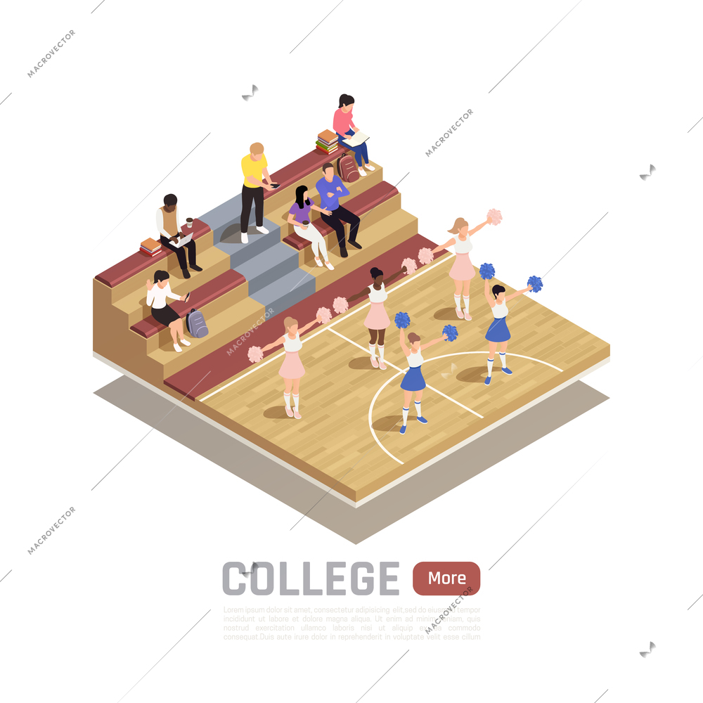 Isometric composition with college cheerleading squad dancing in gym 3d vector illustration