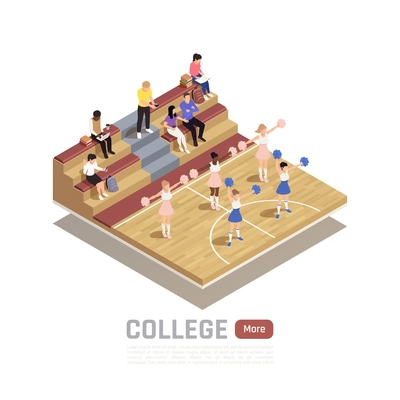 Isometric composition with college cheerleading squad dancing in gym 3d vector illustration