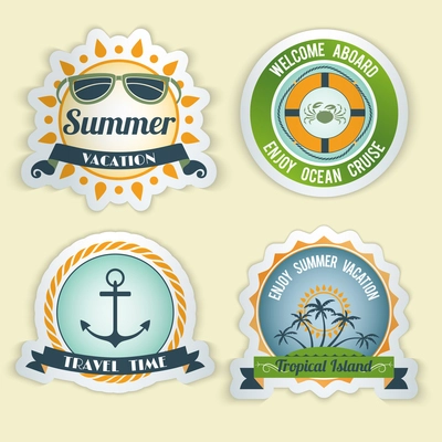 Summer sea retro vacation travel time tropical island emblems set isolated vector illustration