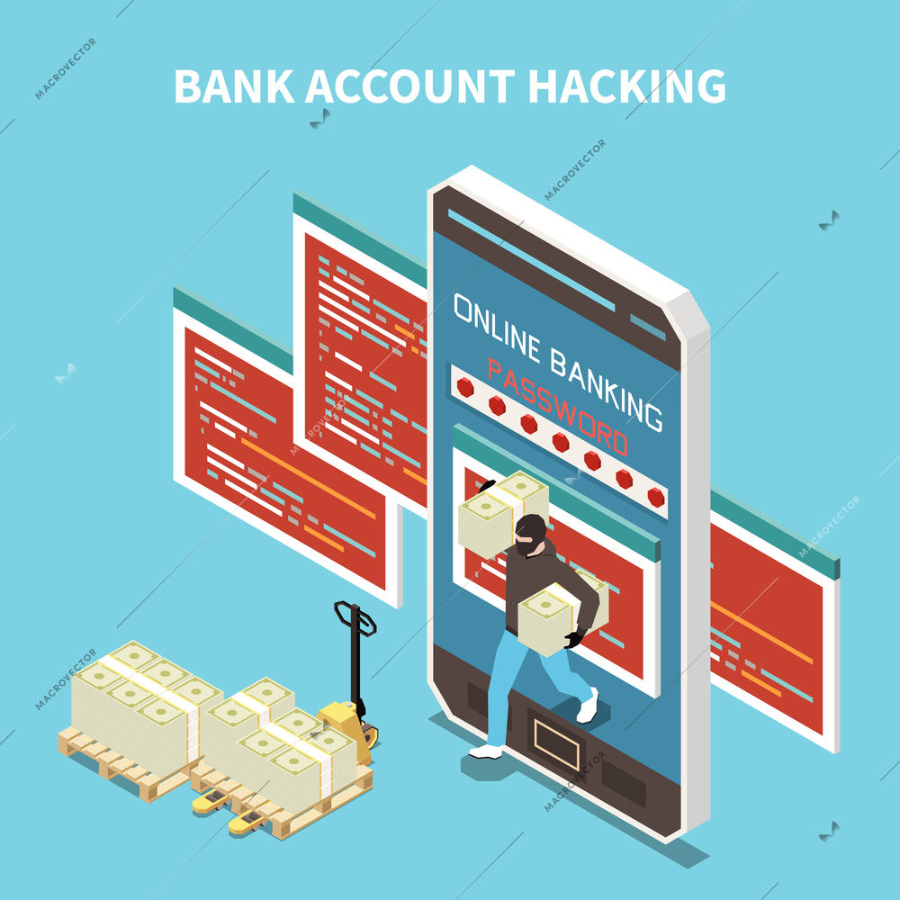 Isometric colored hacker fishing digital crime composition with bank account hacking description vector illustration