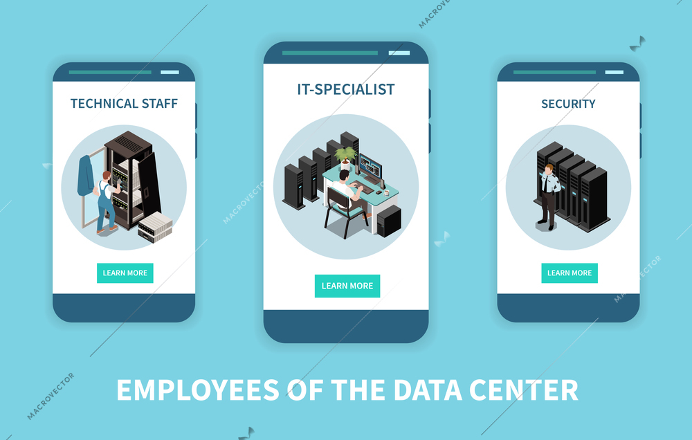 Three vertical datacenter isometric banner set with employers of the data center headline vector illustration