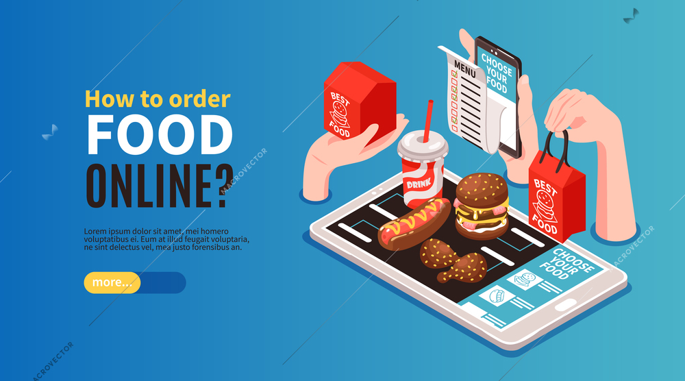 Isometric delivery food horizontal banner with images of fastfood meal on top of smartphone with text vector illustration