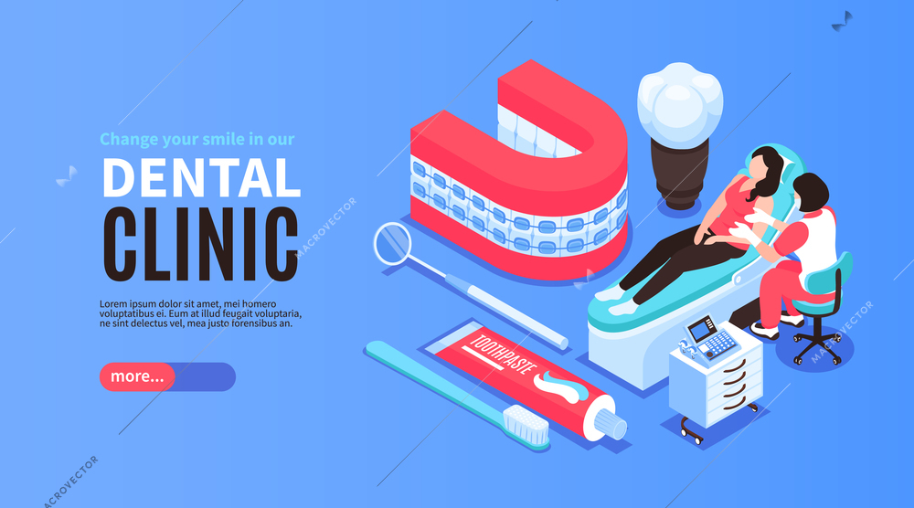 Isometric dantist horizontal banner with editable text more button and dentists equipment icons with human characters vector illustration