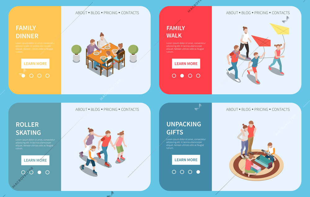 Family leisure playing isometric people banner set with family dinner walk roller skating and unpacking gifts descriptions vector illustration