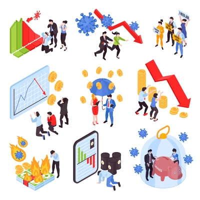 Global financial crisis isometric icons set with stock market graphs and frustrated people isolated on white background 3d vector illustration