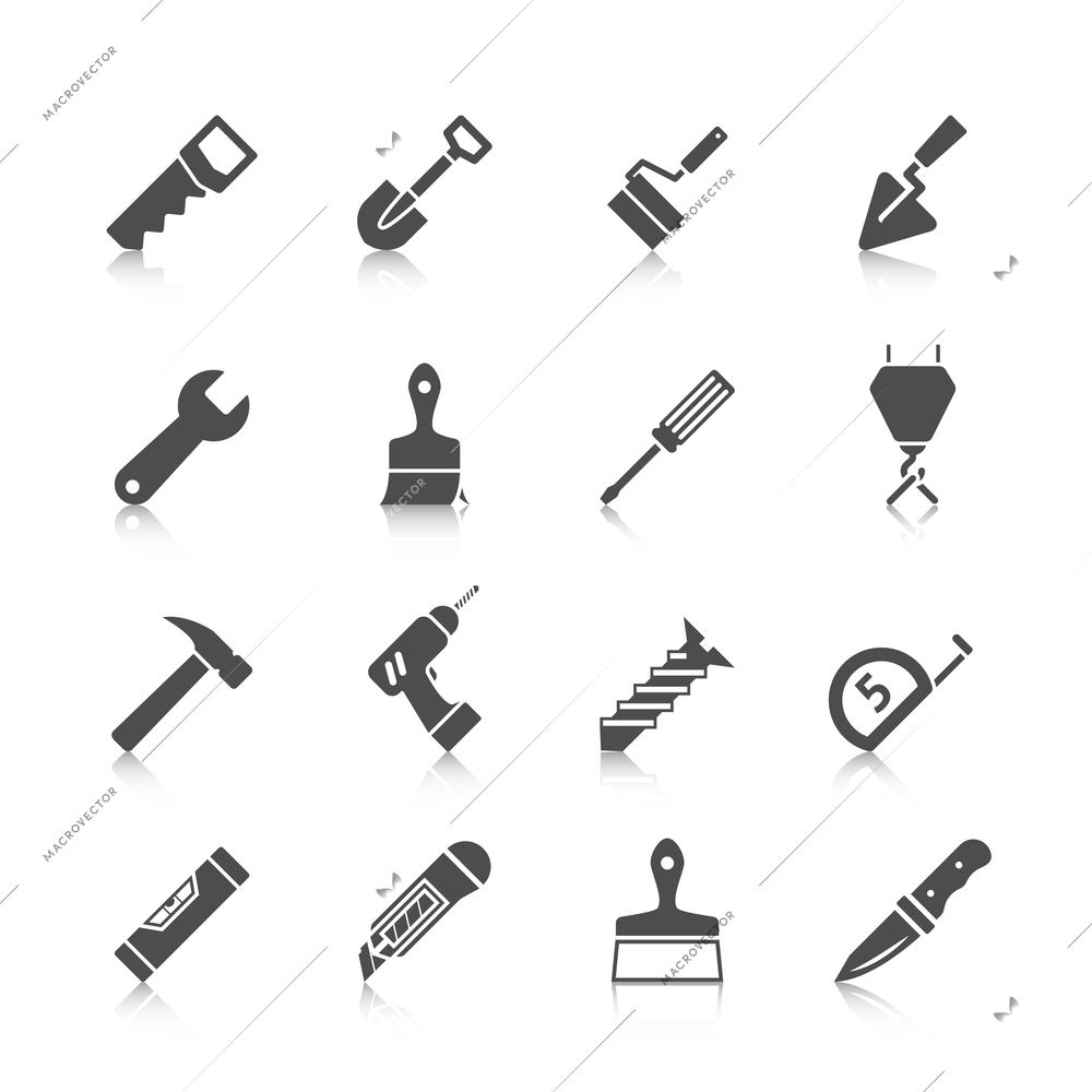 Home repair tools graphic icons set with hammer saw screwdriver spade and drill black vector isolated illustration