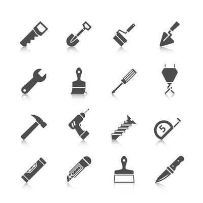 Home repair tools graphic icons set with hammer saw screwdriver spade and drill black vector isolated illustration