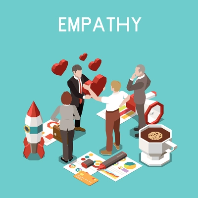 Isometric 3 d soft skills concept with empathy emotions at work among colleagues vector illustration