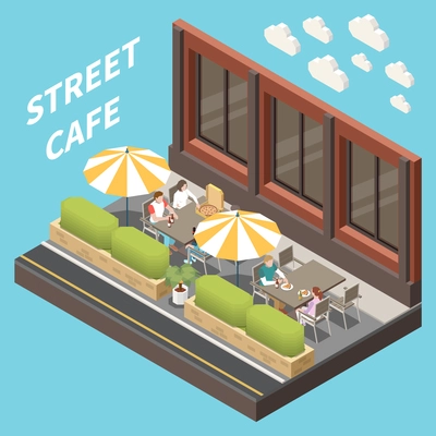 Street cafe terrace isometric and colored concept with two tables and big umbrellas vector illustration