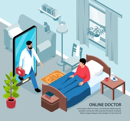 Isometric online medicine background composition with view of living room and sick person with smartphone doctor vector illustration