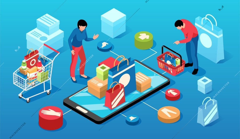 Isometric online shopping horizontal composition with 3d round pictograms of goods shopping carts smartphone and people vector illustration