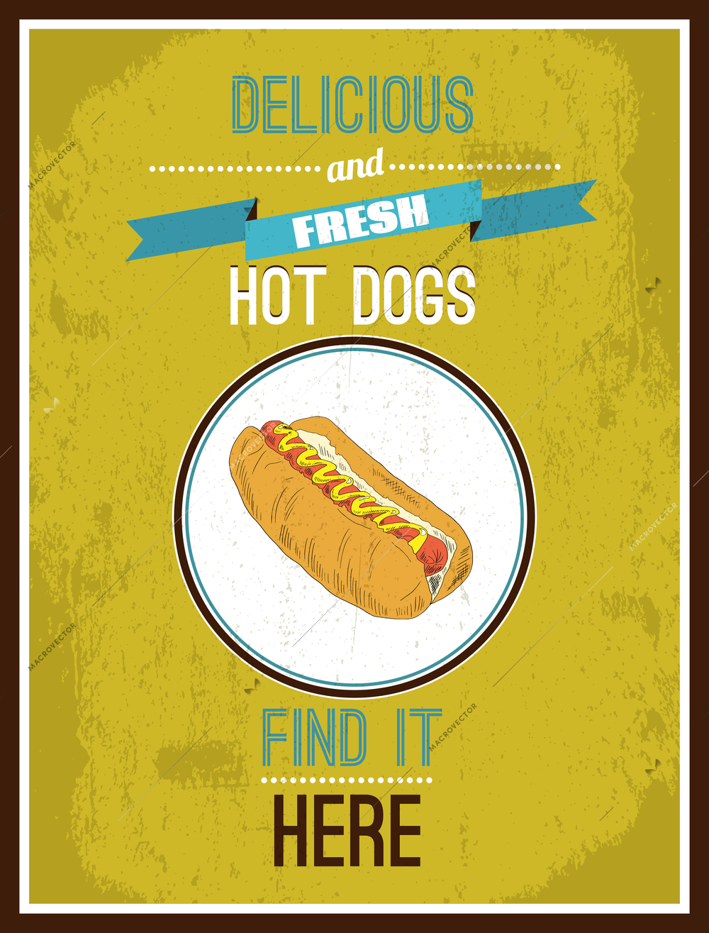 Fast food restaurant vendor takeaway speed service stand  decorative hotdog mustard color vintage advertisement poster vector illustration