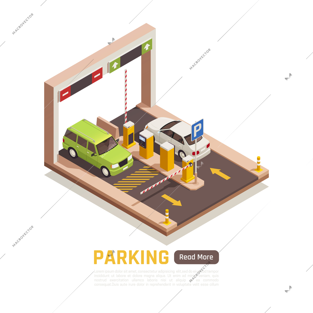 Parking garage entrance exit automatic sliding door ticket machine 2 cars isometric element web page vector illustration