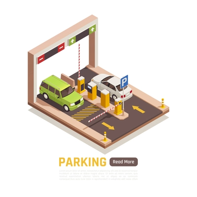 Parking garage entrance exit automatic sliding door ticket machine 2 cars isometric element web page vector illustration