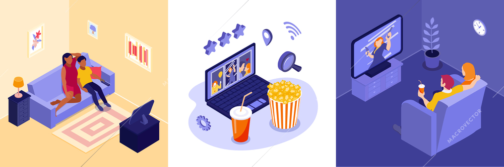 Online cinema design concept with video selection symbols isometric isolated vector illustration