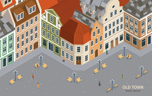 Isometric and colored old town composition with different houses in retro style vector illustration
