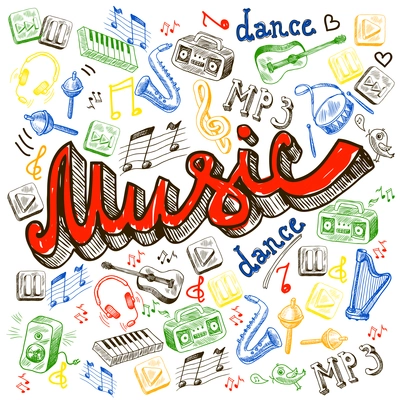 Music composition with note dance words saxophone in sketch color style vector illustration