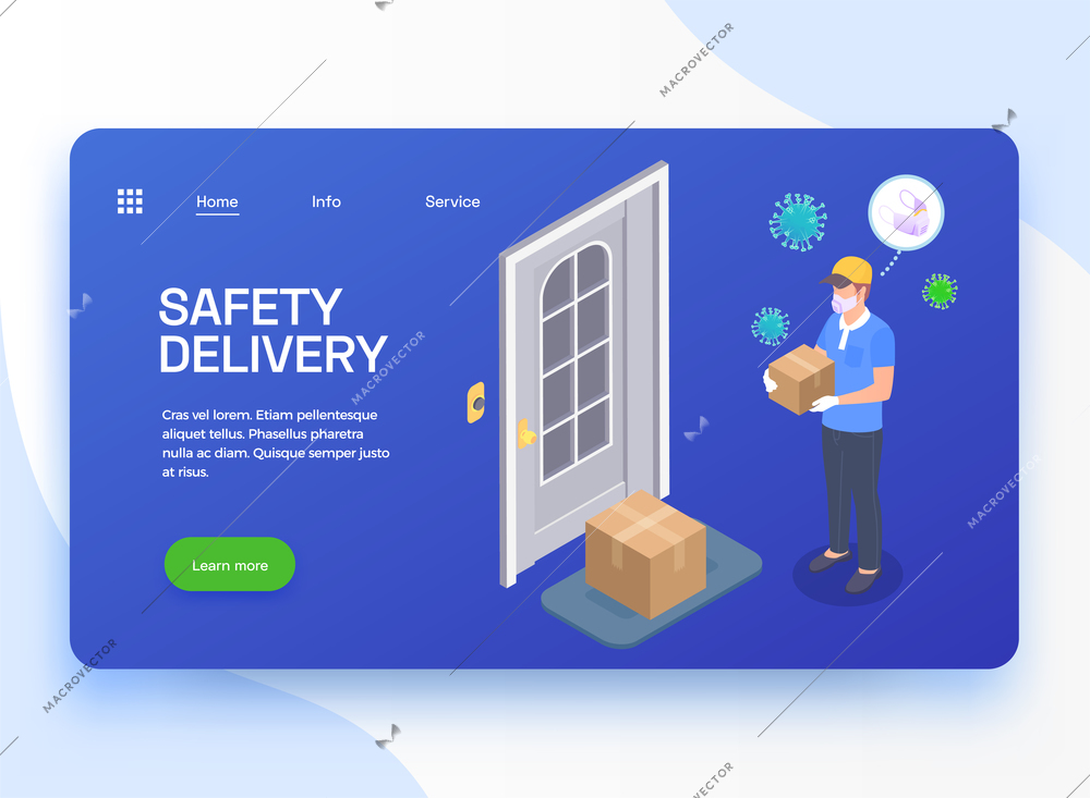 Delivery company service isometric web site landing page with coronavirus protected courier clickable button and links vector illustration