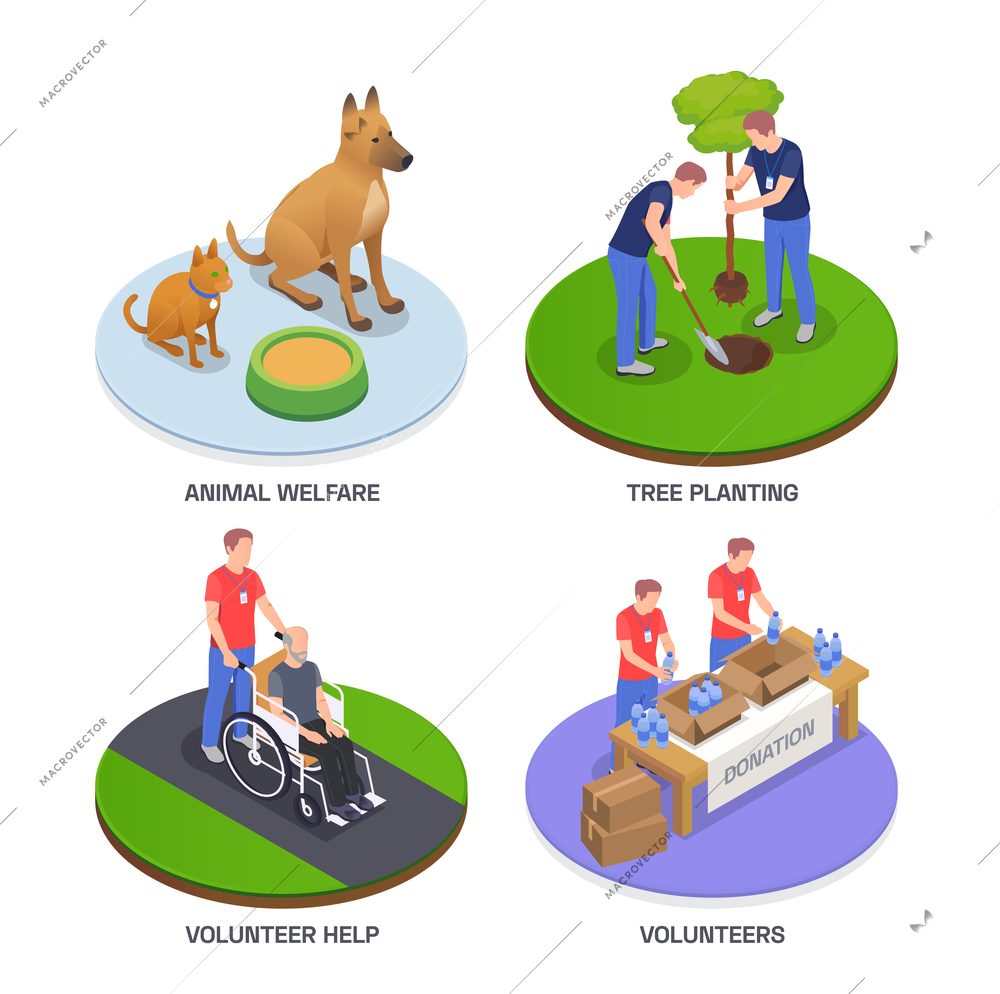 Charity donation volunteering isometric 2x2 design concept set of round compositions with volunteers and text captions vector illustration