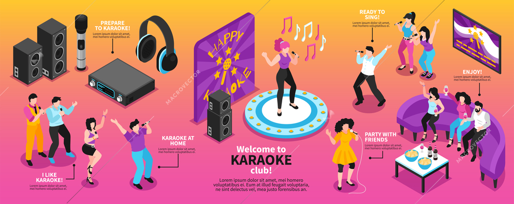 Isometric karaoke infographics with singing people characters holding microphones headphones and loudspeakers with editable text captions vector illustration