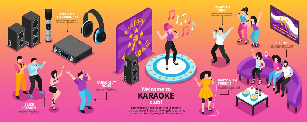 Isometric karaoke infographics with singing people characters holding microphones headphones and loudspeakers with editable text captions vector illustration