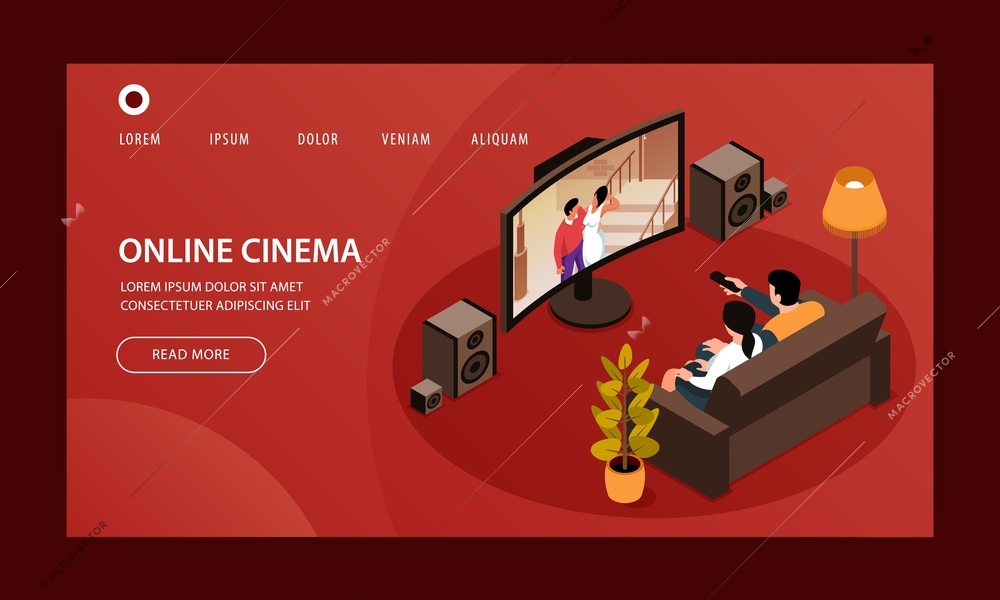 Isometric home online cinema website template design landing page with clickable links and tv set images vector illustration