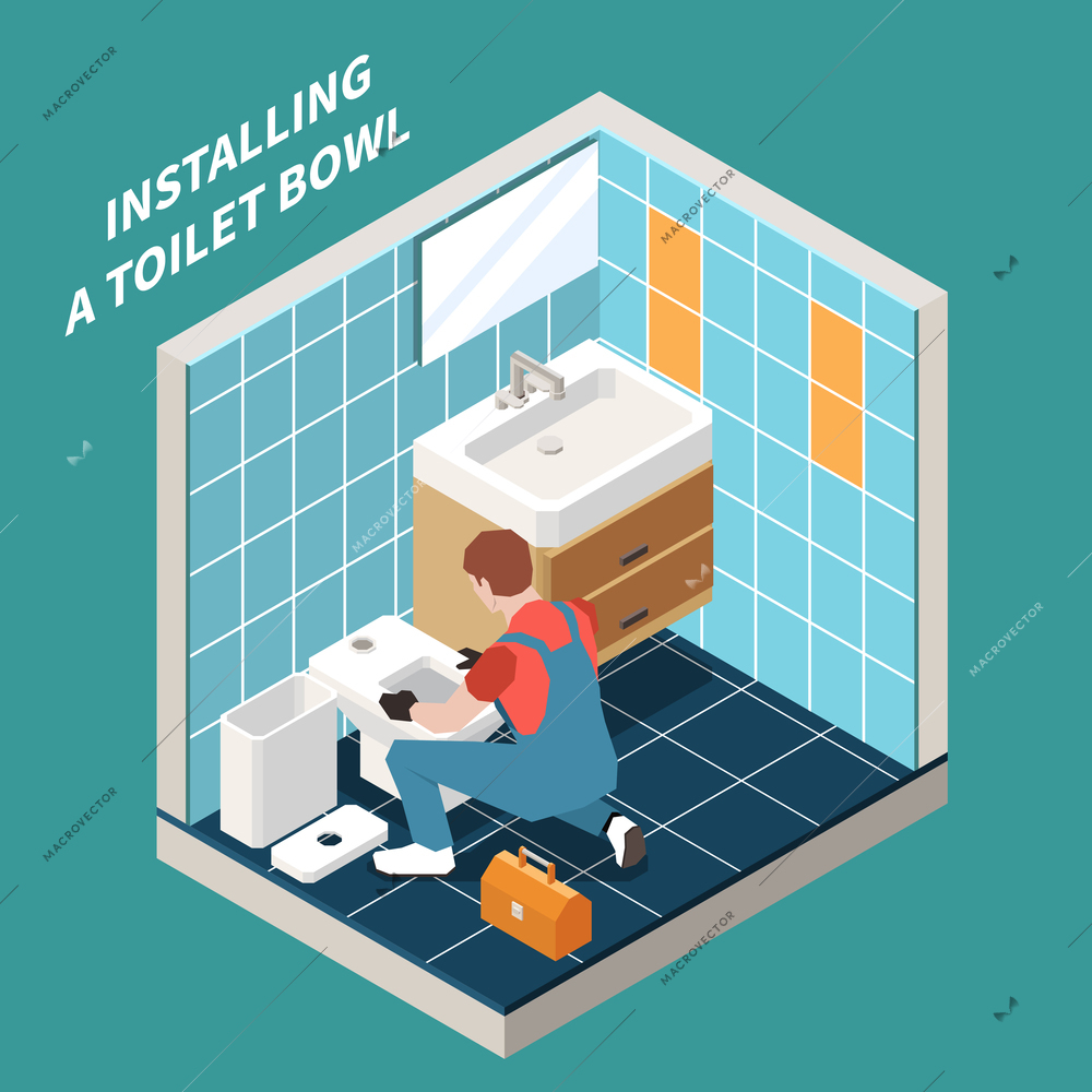 Isometric plumber concept with installing a toilet bowl description and worker in bathroom vector illustration