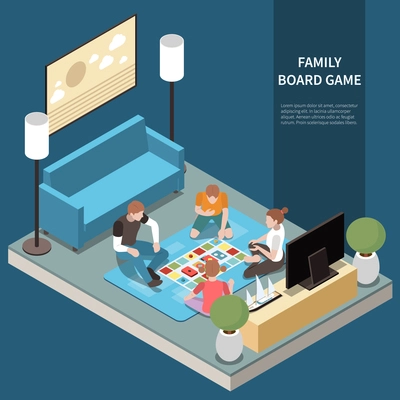 Family isometric leisure playing composition with family board game headline and mother father and children play the game vector illustration